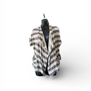 gray and white striped open-front cardigan sweater